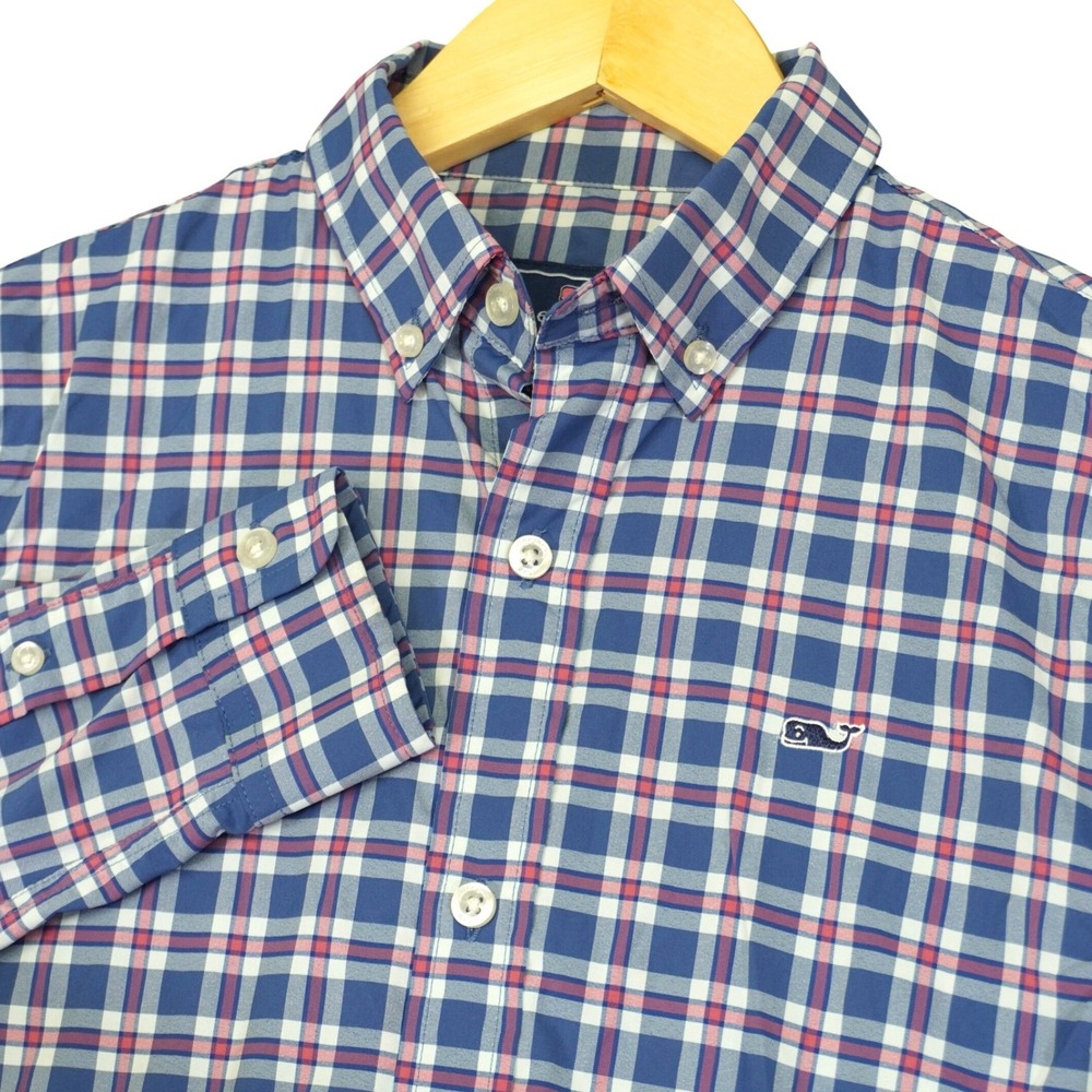Vineyard Vines Whale Shirt Kid Size S 8-10 Blue Pink Plaid Performance Button Up
